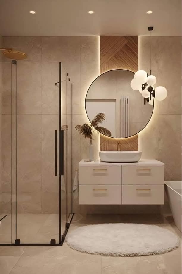Modern bathroom with energy-efficient LED lighting and soft ambient glow