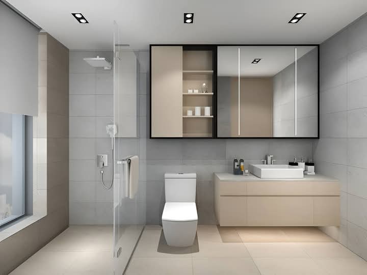 modren bathroom with custom sink, faucet, and tile finishes
